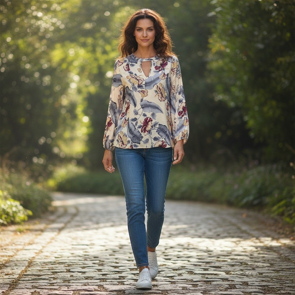 Peach Love California Blouse Womens Medium Cream Tropical Floral Excellent Boho